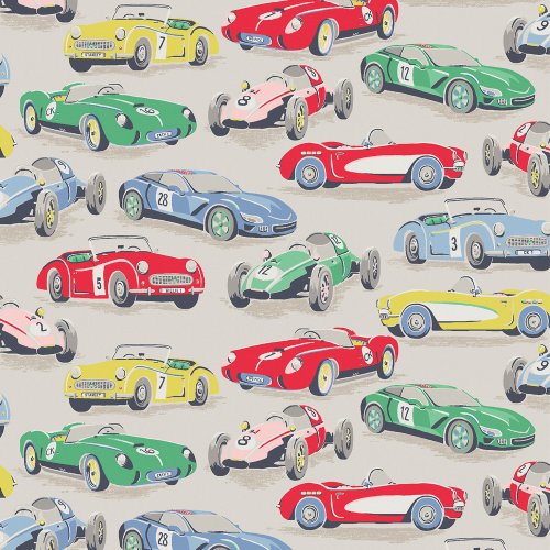 Vintage Cars Multi wallpaper with hand-painted cars in pastel colours on a grey background