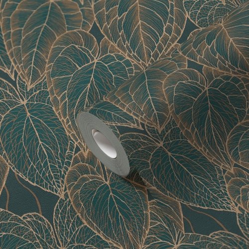 Close-up of leafy wallpaper in teal and gold tones with intricate detail.