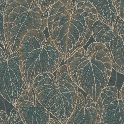 Teal wallpaper with gold-accented botanical leaves, designed by Daniel Hechter.