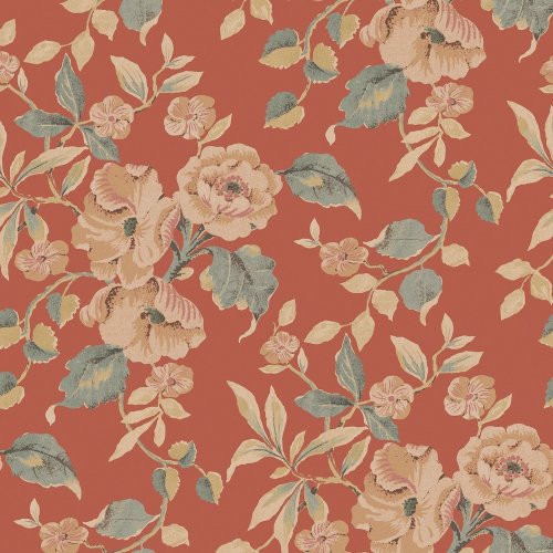 Vintage floral trail wallpaper on terracotta background.