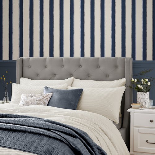 Laura Ashley Denwick Stripe Midnight Seaspray Wallpaper Room