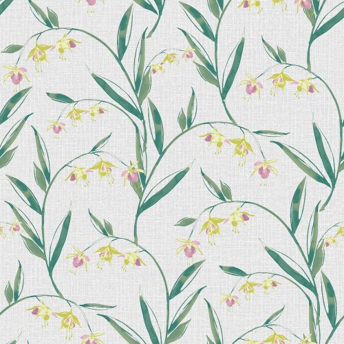 Laura Ashley Fulwell Fuchia Pale Slate Grey Wallpaper with delicate yellow and pink flowers