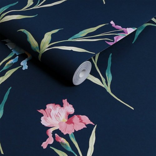 Navy wallpaper with pink, blue, and purple iris flowers by Laura Ashley.