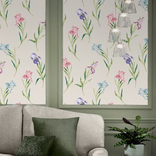 Botanical-themed wallpaper with pastel-coloured irises and natural hues.