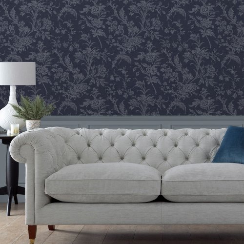 Elegant floral wallpaper in midnight blue and seaspray tones from Laura Ashley