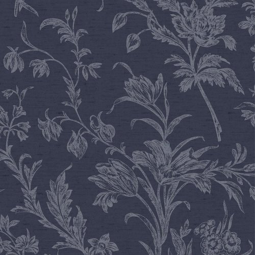 Laura Ashley Lloyd Midnight Seaspray Wallpaper with floral pattern on a dark blue background