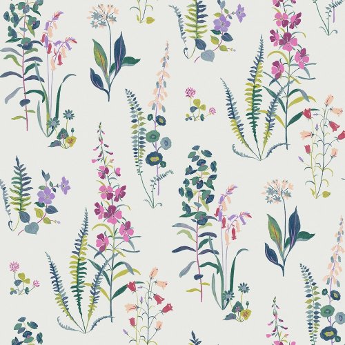 Laura Ashley Meadowvale Sprigs Violet Wallpaper close-up of floral pattern