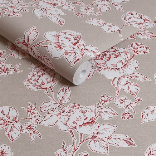 Floral dark dove grey wallpaper featuring red rose illustrations.