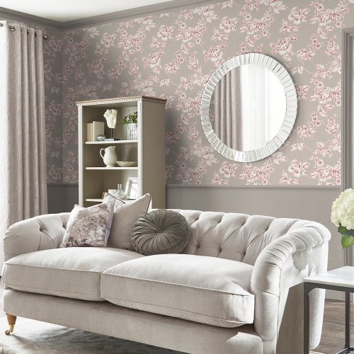 Elegant rose design wallpaper in dark dove grey by Laura Ashley.