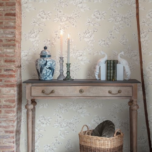 Timeless rose pattern in natural shades on Laura Ashley Pollington wallpaper.