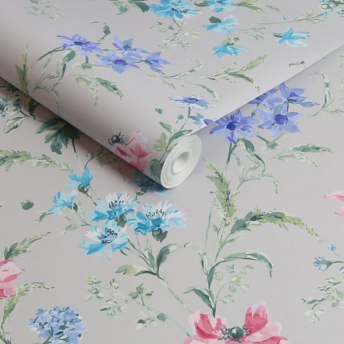 Laura Ashley Poppy Meadow Pale Violet Wallpaper with delicate flower pattern and lush green leaves.