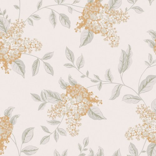 Apricot and cream floral design with green leaves on wallpaper.