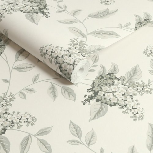 Botanical print wallpaper featuring clusters of white flowers and green leaves on a cream background.