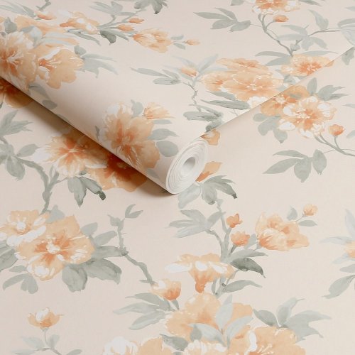 Apricot and green floral wallpaper by Laura Ashley.