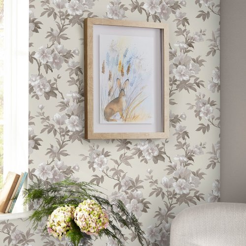 Rosamund Natural Wallpaper featuring delicate blooms in muted tones