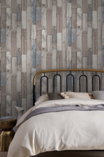 Next Distressed Wood Plank Neutral Blue Wallpaper 118309