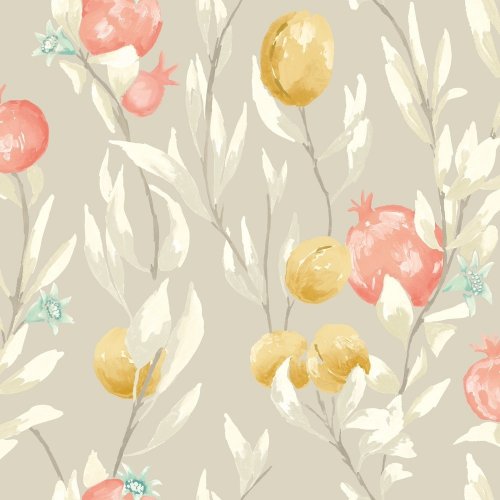 Ohpopsi Pomegranate Trail Parchment Wallpaper with botanical design