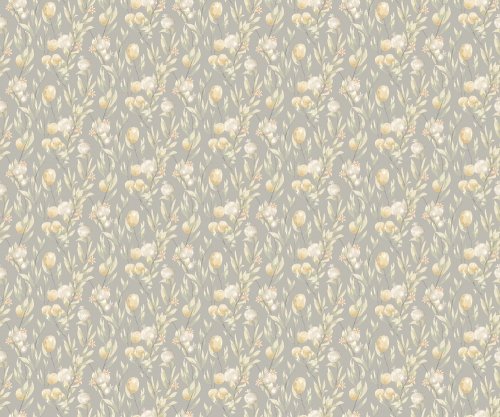 Pomegranate and leaf wallpaper in muted grey and yellow tone