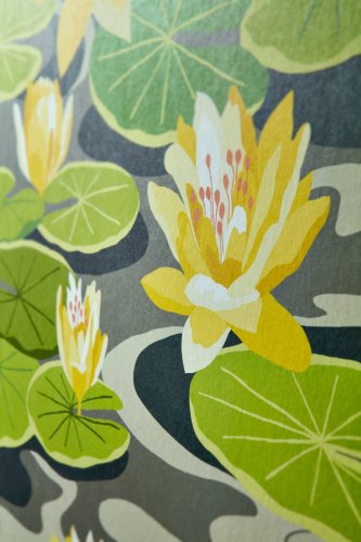 OHPOPSI Waterlily Charcoal & Mustard Wallpaper IKA50105W