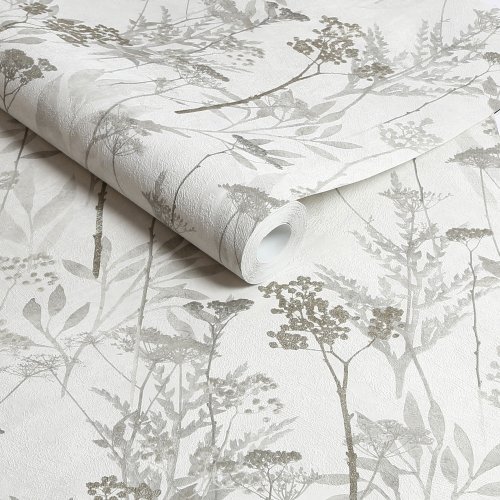 Solstice neutral wallpaper with delicate taupe florals and shimmering gold accents.