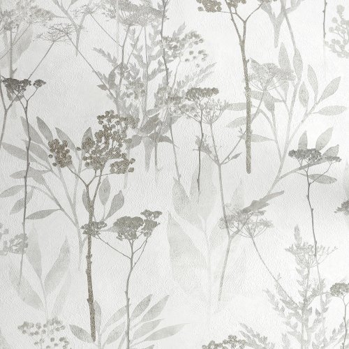 Neutral floral wallpaper with soft taupe and gold metallic details on a textured surface.