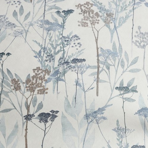 Solstice Pale Blue wallpaper with blue and metallic gold floral designs