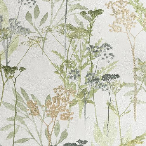 Elegant green and gold floral wallpaper with a cream textured background.