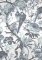 Navy blue and white vintage-style wallpaper with exotic birds and foliage