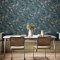 Perrow Blue Wallpaper with intricate botanical and bird illustrations on a rich teal background