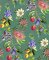 Bold floral wallpaper with exotic botanical prints in vivid colours against a teal backdrop