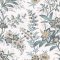 Laura Ashley Marlbrook Pale Linen Wallpaper with a vintage floral design in soft blue, navy, and gold on a warm linen background.