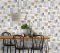 Modern geometric wallpaper pattern with grey and ochre accents.