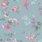 Birds and Roses Summer wallpaper swatch with pink birds and floral branches on a duck egg blue background.