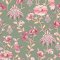 Friendship Garden Sage wallpaper with pink and white Jacobean florals on a khaki green background