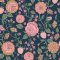 Strawberry Garden Navy wallpaper swatch with pink and gold strawberries and roses on a navy background.